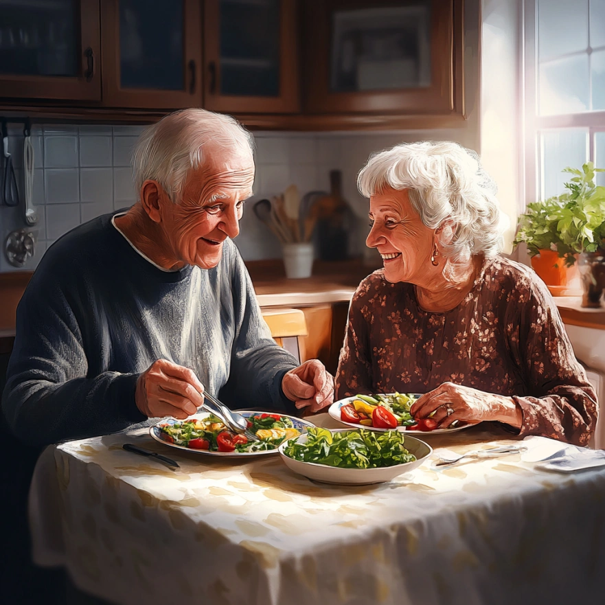 Щаслива пара пенсіонерів насолоджується здоровою їжею